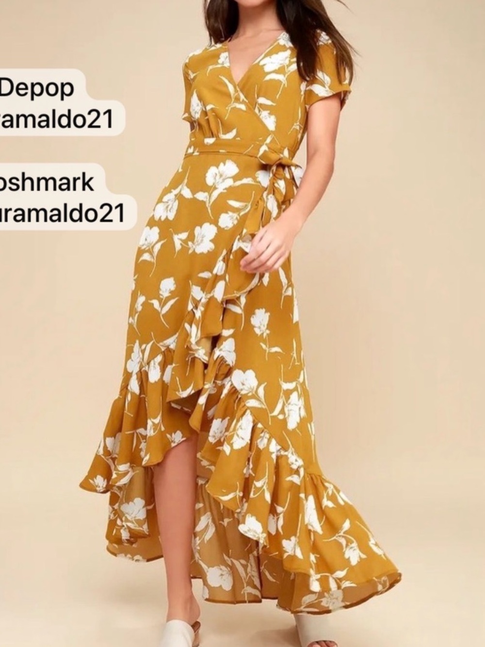 Lulu's Mustard Floral Wrap Maxi Dress with White Print